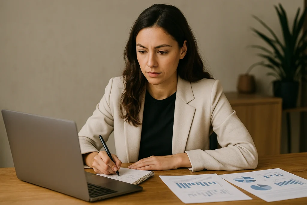 Créer une entreprise – Femme entrepreneure concentrée structurant sa stratégie avec clarté et intention – Jaoide Chelkhine
