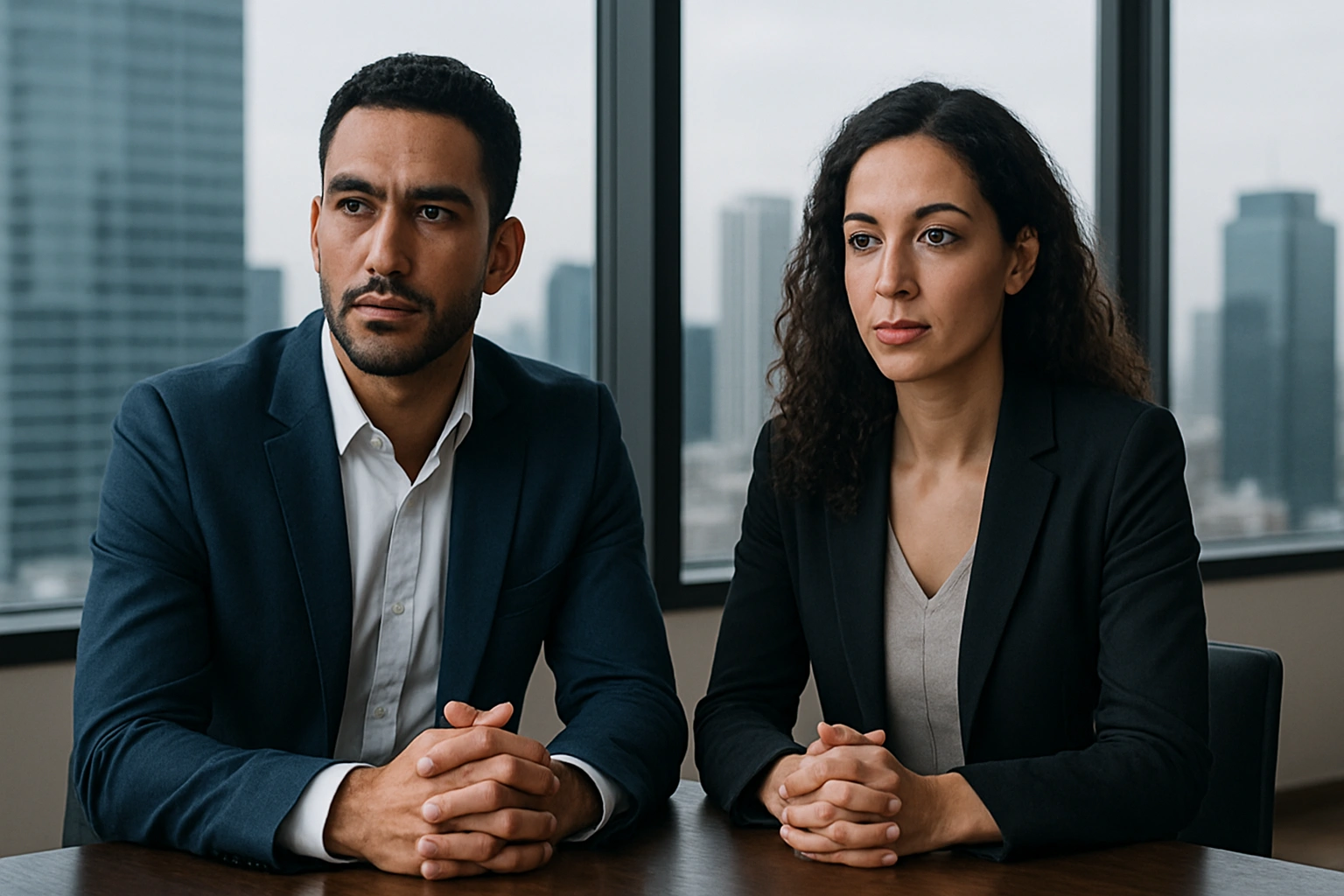 Homme et femme professionnels incarnant le leadership transformationnel dans un environnement urbain – Jaoide Chelkhine, stratégie entrepreneuriale